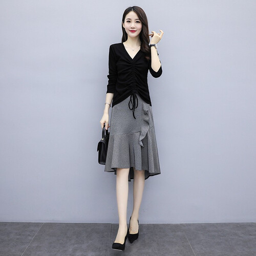 阿顿资连衣裙2019秋季女装新品韩版长袖时尚套装女休闲秋天大码女装女士半身裙子小个子两件套装裙521 图片色 XL