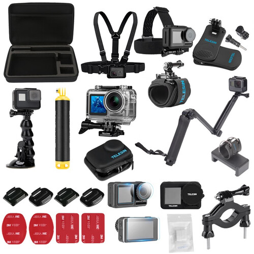 TELESIN 大疆action配件运动相机防水壳 自拍杆 收纳包 背包夹 胸带头带 钢化膜吸盘套装 osmo action入门套装