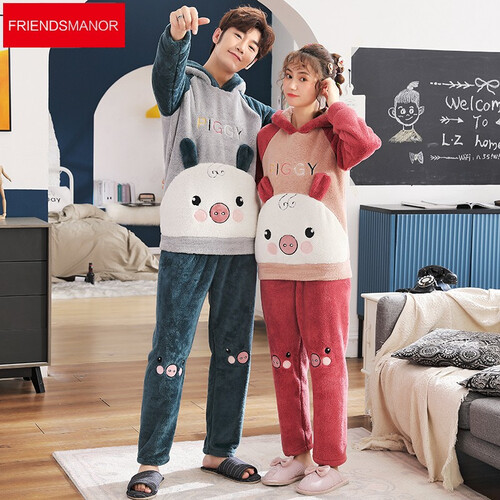 Friends Manor睡衣女秋冬新款法兰绒卡通情侣睡衣男士家居服套装 8923 女款  L
