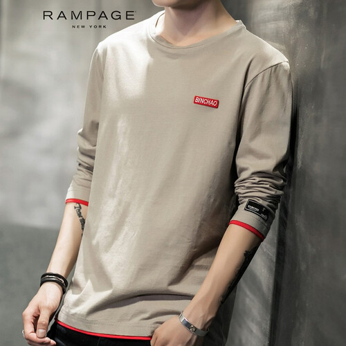 RAMPAGE美国潮牌 长袖t恤男 2019秋冬新品男装T恤韩版男士打底衫短袖圆领休闲体恤男上衣服 灰色长袖 XL