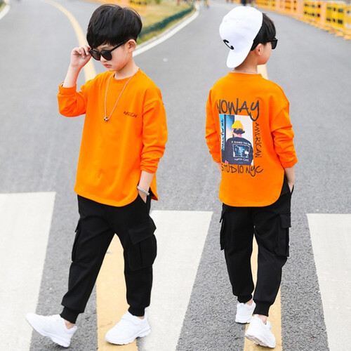 童装男童外套秋装套装2019新款小孩学生中大童儿童衣服裤子春秋运动休闲上衣+裤子两件套 桔色 150码（建议身高140-150cm左右）