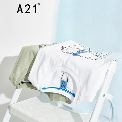 以纯线上品牌A21 2019夏季男装短袖T恤男潮 印花男生boy五分半袖T恤R492131191 浅粉绿 170/84A/M