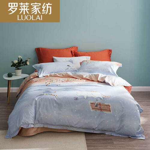 罗莱家纺 LUOLAI 全棉磨毛四件套 纯棉床上用品 卡通床单被套 大懒猫 1.8米床 220*250cm