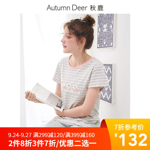 秋鹿夏季短袖女士睡衣圆领套头可爱小熊纯棉薄款七分裤套装 中花灰 M