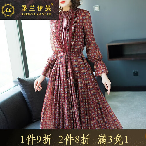 圣兰伊芙轻奢品牌连衣裙女2019年秋季新款女装碎花雪纺长袖红色波点显瘦收腰法式复古裙 酒红色 M