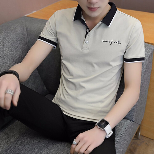 短袖T恤男士2019夏季新款运动男装纯色休闲印花五分袖t恤男士大码半袖衣服男 8712卡其 XL