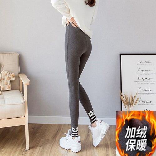 俏莎朵2019新品打底裤女外穿厚款休闲铅笔小脚裤大码加厚加纯棉高腰运动弹力紧身修身显瘦黑色裤子女 脚跟印花深灰加绒 L