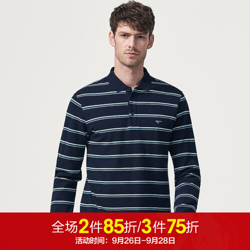 七匹狼长袖T恤男士秋新款纯棉时尚商务休闲条纹翻领POLO衫 211(灰绿) 180/96A/XXL