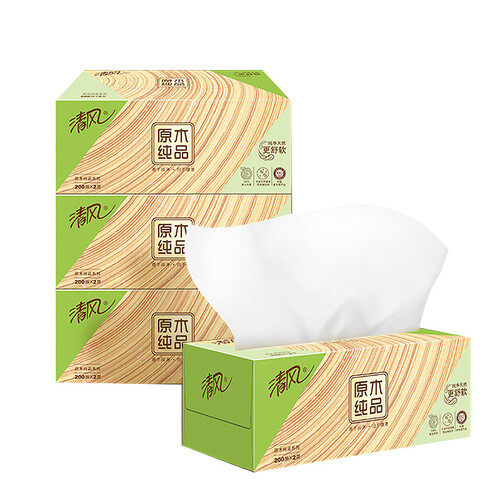 京东超市清风 Breeze 原木纯品盒装面巾纸双层 B338CN/C1 200抽/盒 3盒/提