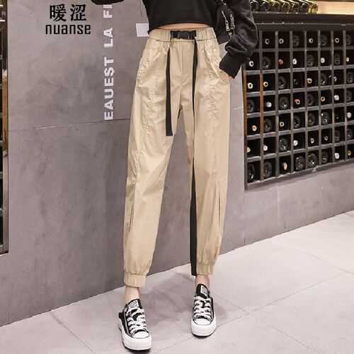 暖涩裤子女阔腿裤女2019秋季新款女装休闲裤女韩版宽松显瘦哈伦工装松紧腰束脚裤个性腰带运动裤女D29 卡其色 M