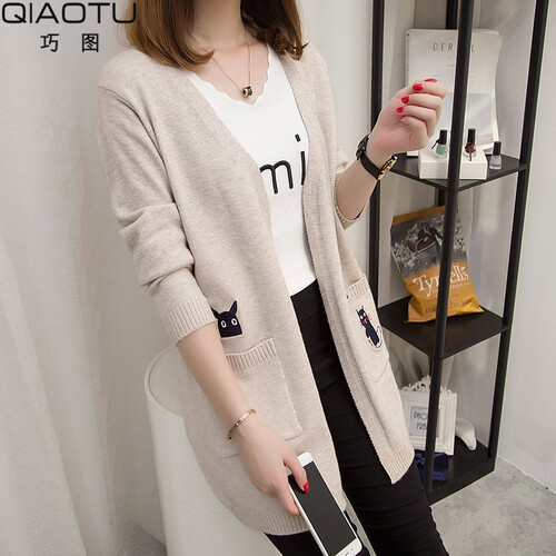 巧图毛衣外套女2019新款女装韩版秋冬装百搭刺绣中长款针织衫女开衫宽松显瘦休闲上衣 浅灰色 均码80-140可以穿