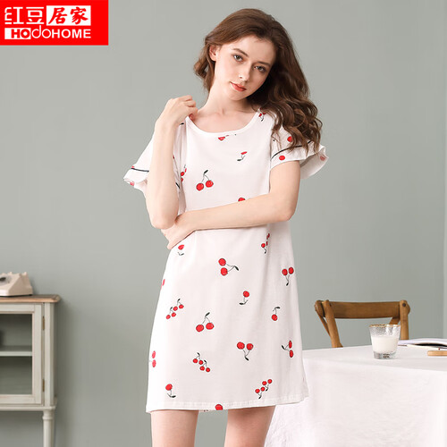 红豆居家2019春夏新品女士睡衣纯棉透气樱桃印花家居服短袖睡裙026 白色 165/88A