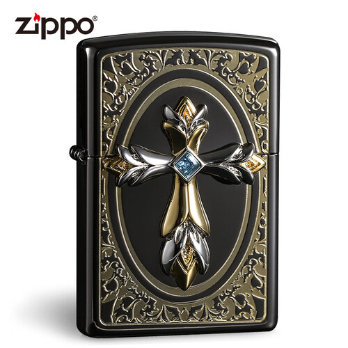 Zippo正版打火机煤油防风刻字 男士礼盒套装收藏级 铜限量版 黑冰十字架 信仰 黑冰十字水晶
