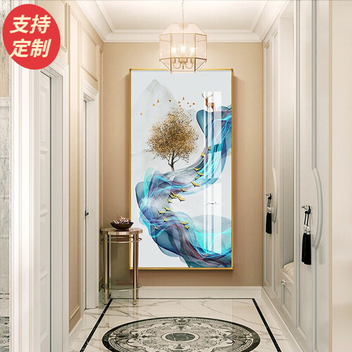 璟画晶瓷画竖版玄关挂画现代简约客厅装饰画轻奢别墅沙发背景墙画抽象山水画过道走廊招财风水画发财鹿挂 F款-麋鹿玄关-2002 40*80玻璃镜面+土豪金...