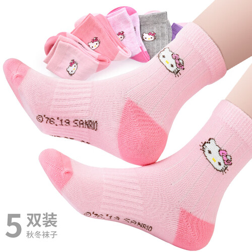 京东超市Hello Kitty凯蒂猫 5双装儿童袜子女童秋冬透气非纯棉袜小孩中大童宝宝学生袜6-8岁中筒袜 KTW3057  18-20cm