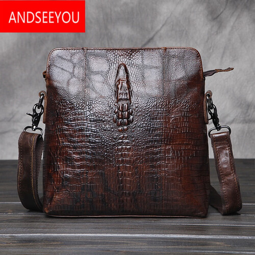 ANDSEEYOU品牌精品 鳄鱼纹单肩包男头层牛皮男包男士小挎包竖款疯马皮单肩斜挎休闲包 啡色