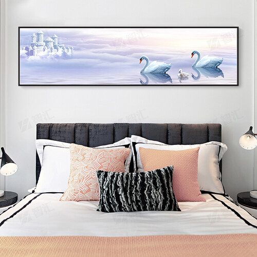 智汇 卧室床头画 现代简约温馨浪漫时尚房间壁画北欧风格室内挂画天鹅墙画 《浪漫之情》B款 45*160cm（1.8米床使用）【经典黑框】