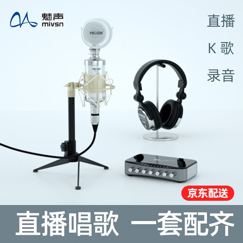魅声 T6-2-320笔记本台式电脑手机网络K歌喊麦主播设备外置独立声卡电容麦克风话筒套装 白色