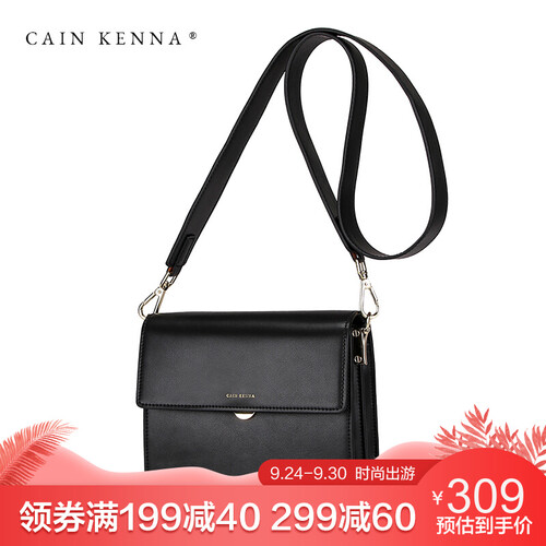 CainKenna真皮女包小方包CK1-91275牛皮单肩斜挎包宽肩带复古简约风琴包欧美风女士包包 黑色