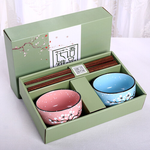 京东超市唐贝 碗筷家用套装筷子景德镇陶瓷日式餐具组合 花语雅品绿盒两碗两筷双色