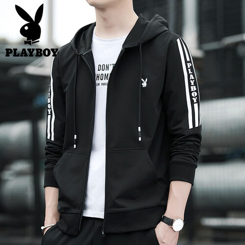 花花公子（PLAYBOY）开衫卫衣男连帽春秋季韩版潮男士字母休闲拉链薄款外套 黑色 XL