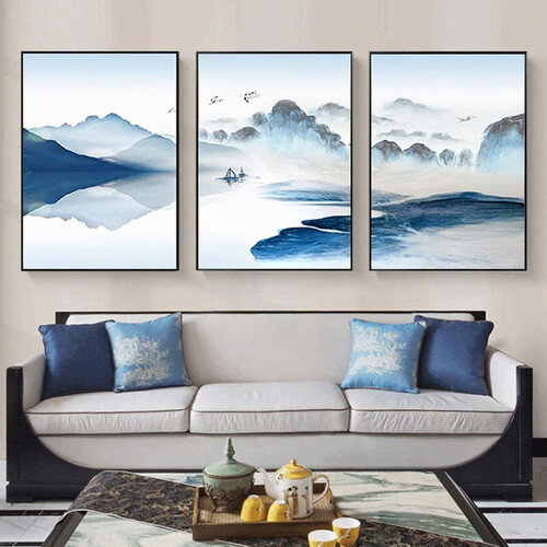 唤墙 新中式客厅装饰画现代简约沙发背景墙挂画玄关过道山水画卧室三联画电表箱壁画免打孔 大好河山(三联画) 黑色框40x60cm(适用2.0米沙发)