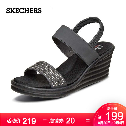 Skechers斯凯奇女鞋2019春夏新品 简约舒适通勤坡跟鞋 时尚金属烫片一字带凉鞋31779 炭灰色/CCL 35.5