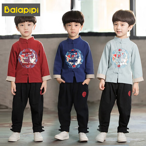 巴拉皮皮儿童汉服国学服小孩唐装男童民族服装中国风复古秋款幼儿园 红色-长袖款 120码身高110-120（建议5-6周岁）
