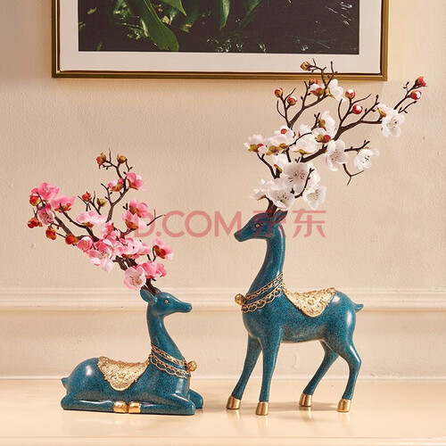 雅尊（Yazun） 招财麋鹿摆件 欧式创意酒柜电视柜玄关办公室客厅家居装饰开业工艺品摆设 鹿笙花古蓝一对