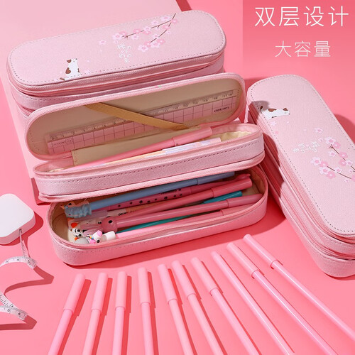 双层铅笔盒笔袋大容量多功能创意新简约韩版男女初中小学生文具盒韩国大学生中学生小清新可爱笔袋 樱花（加大款）