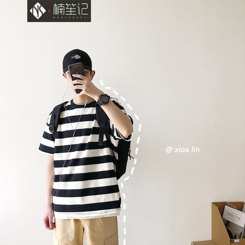 @楠笙记旗舰店 短袖t恤男夏季新品简约条纹印花五分袖T恤男学生小清新情侣装半袖体恤衫 黑白格 XL