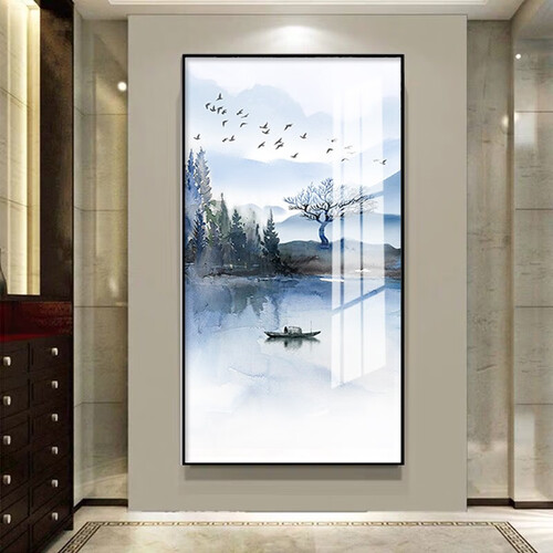 佰水峰 晶瓷画新中式玄关装饰画山水画走廊过道壁画现代简约风景画楼梯竖挂墙面装饰客厅招财挂画 意境山水 50*100cm/布艺画/默认黑色框