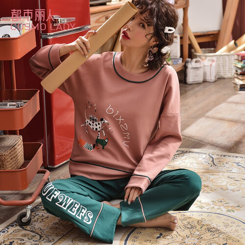 都市丽人睡衣女2019新品春秋季甜美时尚学生长袖套头家居服套装 可外穿 多色可选 DSH054-粉绿 L