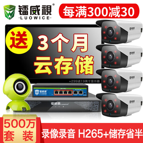 镭威视 监控设备套装超市4路500万高清手机远程poe室外防水网络摄像头家用夜视监控器 4路套装另加299元送19英寸显示器 含1TB