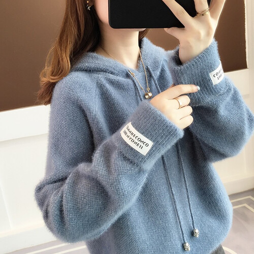 慕姿莎 卫衣女2019秋冬新款女装时尚韩版宽松针织衫棒球服套头连帽女士外套原宿风运动服 雾霾蓝 M