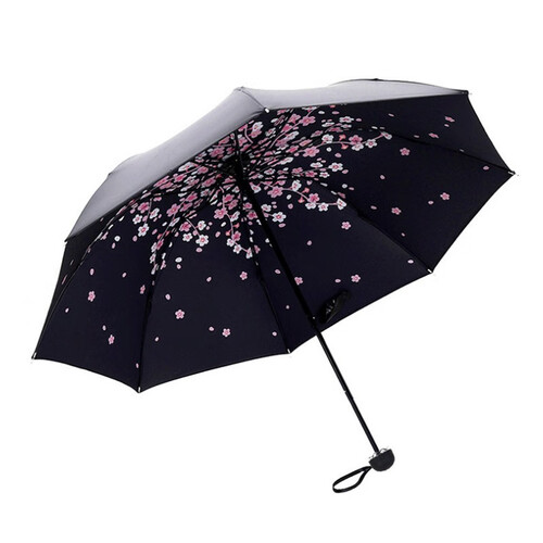 莱朗 创意樱花防晒太阳伞 小清新晴雨两用伞 黑胶三折折叠遮阳小黑伞