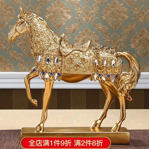 萧慕 欧式战马办公桌摆件 书房博古架玄关客厅摆件办公室 家居装饰品电视柜工艺品马摆件开业礼品 金色彩钻版平步青云款