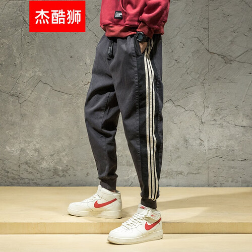 杰酷狮 休闲裤男宽松2019秋冬季运动裤工装潮牌弹力长裤胖子加肥大码男装加大牛仔布加绒束脚裤子 男 灰色 32