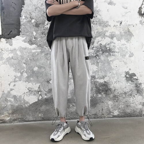 皇呈休闲裤男士夏季薄款宽松裤子男韩版束脚直筒青年学生情侣阔腿裤男哈伦裤男九分裤 灰色 L