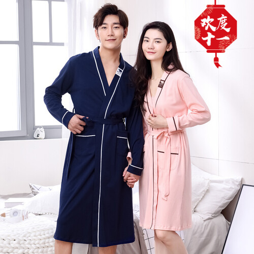 传美 情侣睡袍男纯棉长袖春秋季浴衣和服女士睡衣性感中长款浴袍 7107-7109 男L【170】：穿着体重110斤-140斤