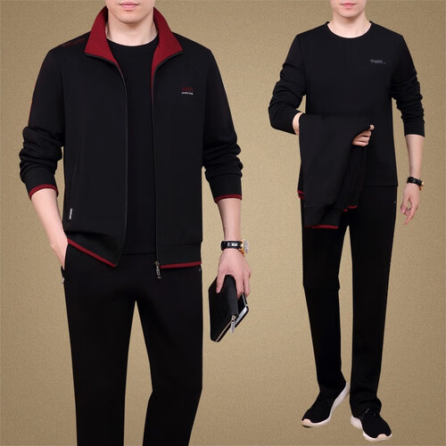 中老年运动套装男三件套2019秋季新品宽松透气运动服大码运动服爸爸装男士运动套装跑步 黑色 741 XL （适合125-145斤）