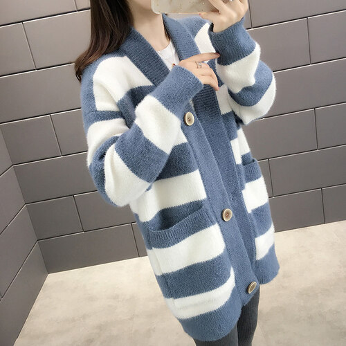 羊大丽说  慵懒风毛衣外套针织开衫女秋装2019年新款秋大码网红新款条纹显瘦宽松潮 蓝条纹 M/165（建议100-125斤）