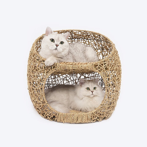 zeze藤编猫窝夏季凉爽透气猫别墅四季通用猫舍室内双层猫咪用品 双层藤编窝（含垫子） M-中型
