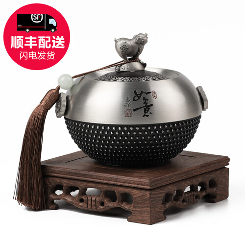 京峰阁 纯锡手工茶叶罐 开业礼品工艺品锡制大号金属密封旅行便携锡罐茶罐锡器商务节日礼品 【支持定制刻字】吉祥如意 猪