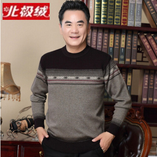 北极绒羊毛衫男2019秋冬新款冬季中老年人男装针织衫中年男士宽松型毛衣圆领加厚40-50岁爸爸装衣服 驼色 XL