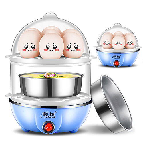 领锐（lingrui）双层蒸蛋器 煮蛋器迷你自动断电煮鸡蛋锅家用不锈钢早餐蛋羹1人煮蛋机神器多功能 XB-EC06蓝色(双层赠1个蒸碗)