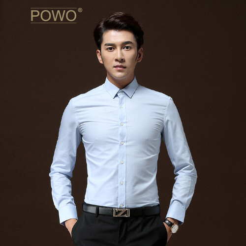 POWO长袖衬衫男装衣服商务休闲韩版修身免烫纯色青年男士衬衣秋装 天蓝色 41