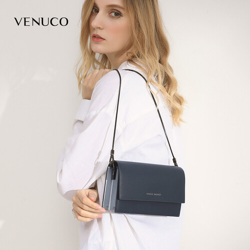 VENUCO小方包斜挎包真皮女包2019新款品牌学生单肩链条小包牛皮风琴包女 蓝色