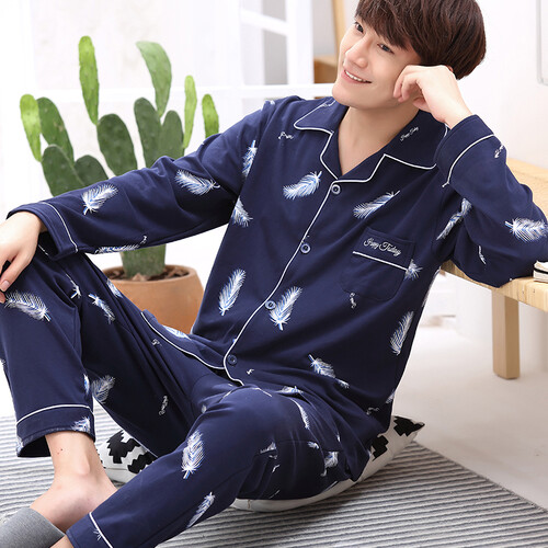 芙朵莎 睡衣男长袖纯棉春秋款青年中年秋冬男士睡衣薄夏季家居服套装 1628 XXL