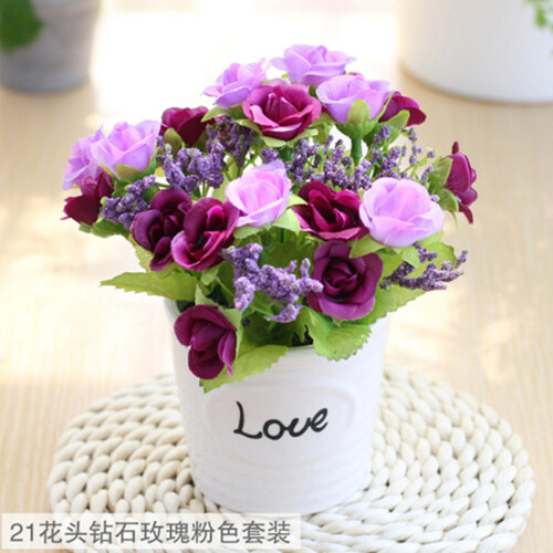 礼赫家饰 仿真花套装假花摆件塑料花含陶瓷花瓶干花花束仿真植物盆景绢花客厅阳台装饰花盆栽 21头紫色钻石玫+陶瓷love瓶套装